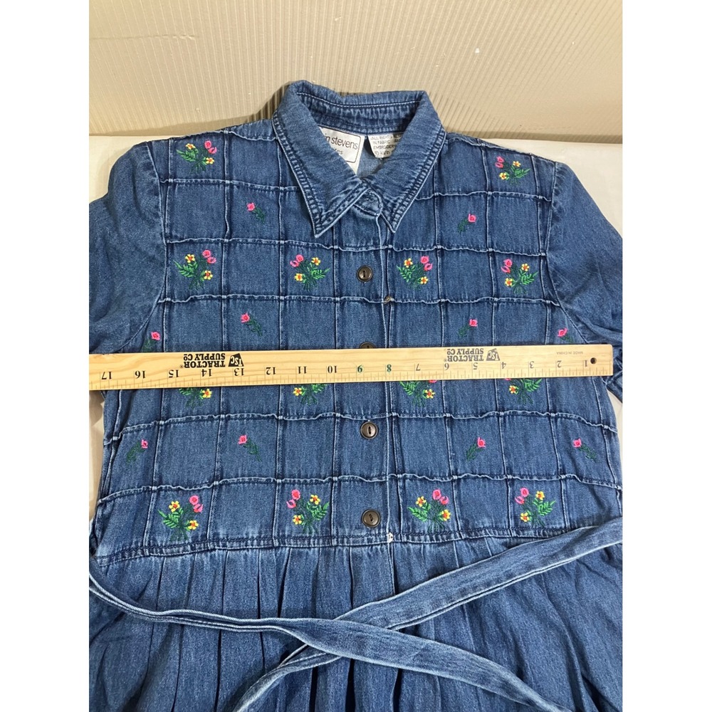 Karin Stevens Vintage 90s Denim Floral Embroidered Midi Dress Blue 6P Cotton - Picture 2 of 12